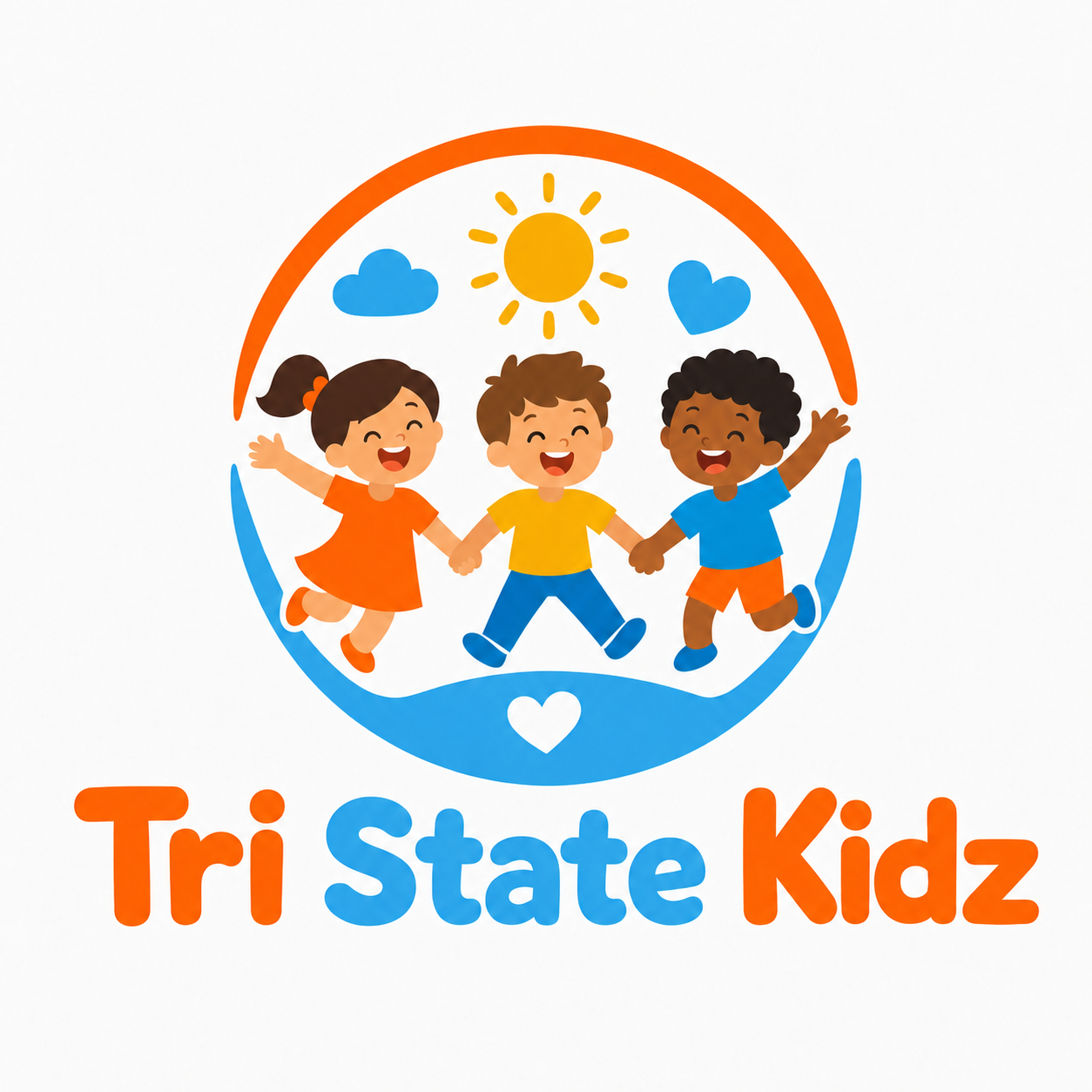 Tri State Kidz, LLC logo: three joyful children holding hands beneath a sun
